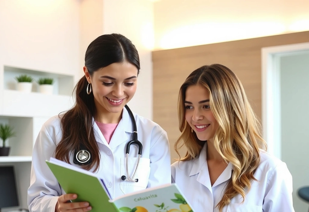 O doctoriță zâmbitoare care explică beneficiile produselor Calulavitacx unei cliente