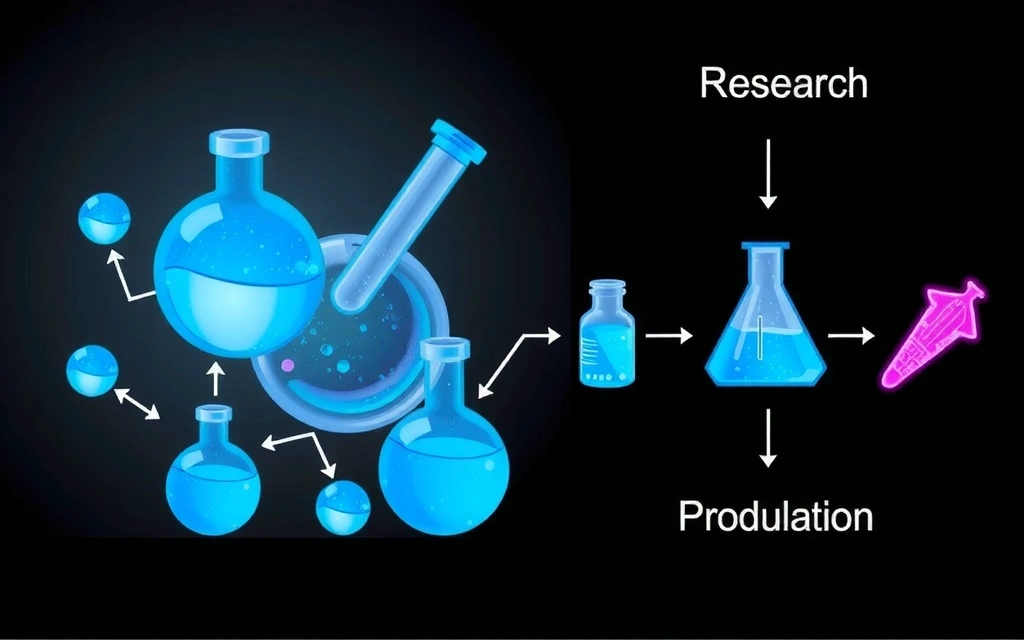 Diagramă stilizată cu elemente științifice neon, reprezentând procesul de cercetare, formulare și producție. Fără text.